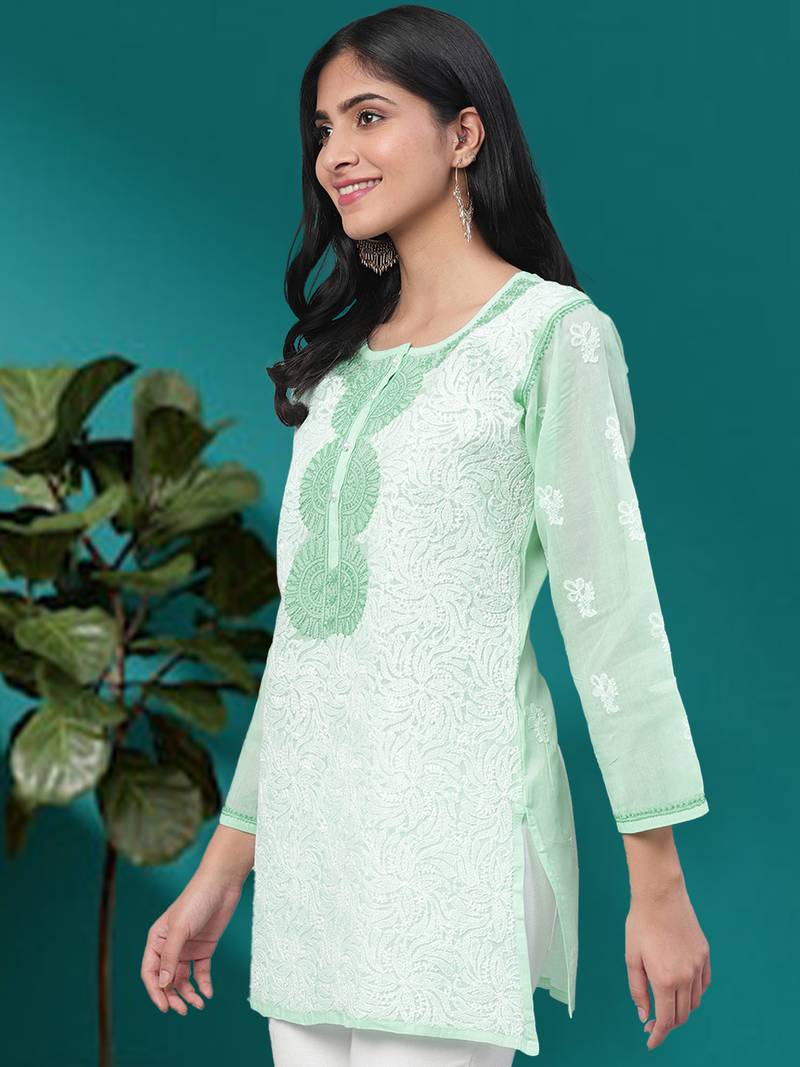 Hand Embroidered Sea Green Cotton Lucknow Chikan Women Short Kurti