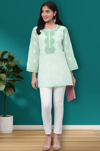Hand Embroidered Sea Green Cotton Lucknow Chikan Women Short Kurti