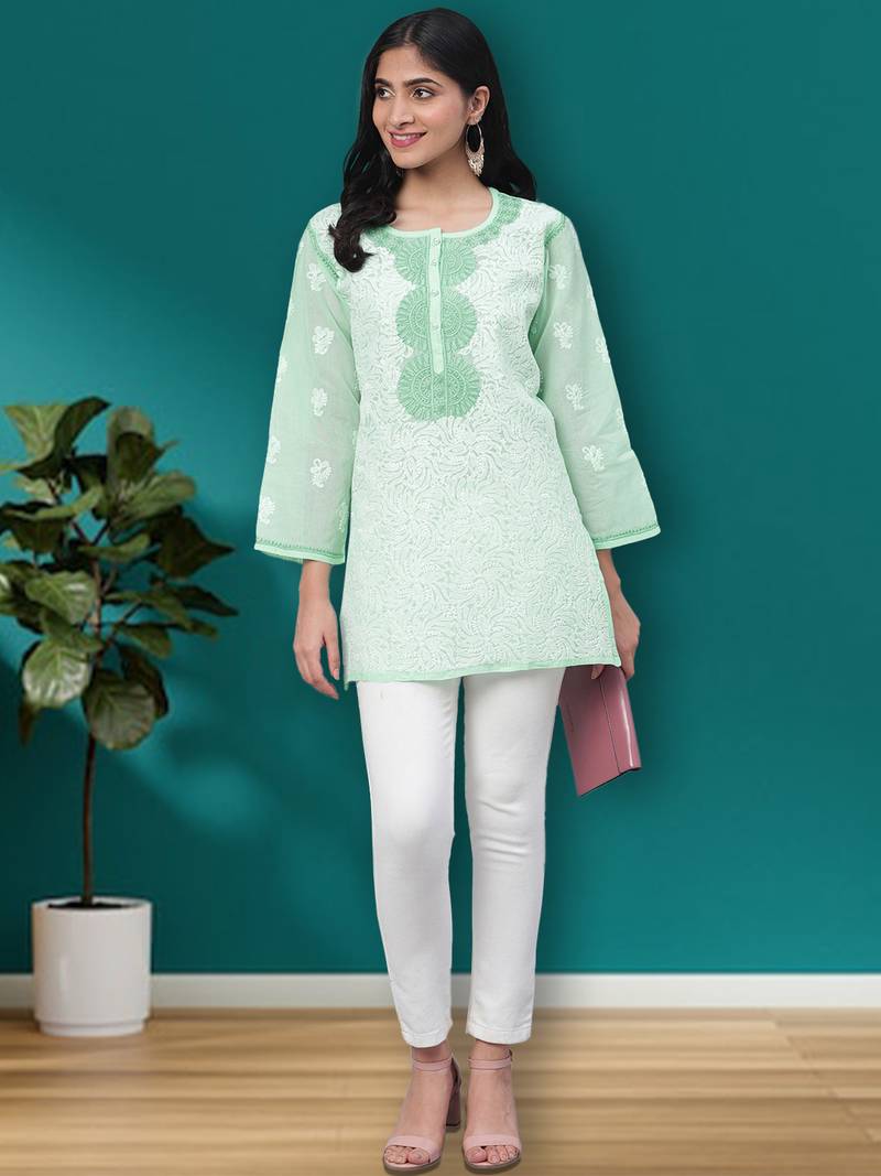 Hand Embroidered Sea Green Cotton Lucknow Chikan Women Short Kurti