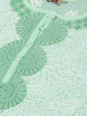 Hand Embroidered Sea Green Cotton Lucknow Chikan Women Short Kurti 5