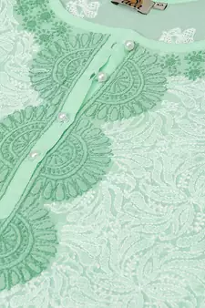Hand Embroidered Sea Green Cotton Lucknow Chikan Women Short Kurti