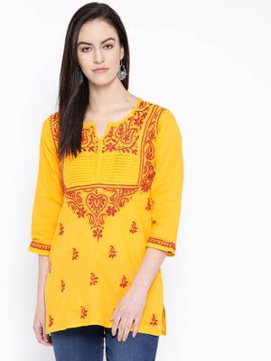 Ada Hand Embroidered Yellow Cotton Lucknow Chikan Women Kurti - A317890 1