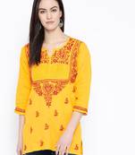 Ada Hand Embroidered Yellow Cotton Lucknow Chikan Women Kurti - A317890