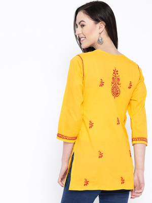 Ada Hand Embroidered Yellow Cotton Lucknow Chikan Women Kurti - A317890 2