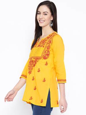 Ada Hand Embroidered Yellow Cotton Lucknow Chikan Women Kurti - A317890 3