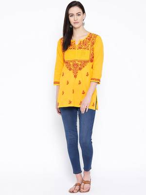 Ada Hand Embroidered Yellow Cotton Lucknow Chikan Women Kurti - A317890 4