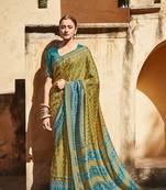 Olive printed brasso saree with blouse