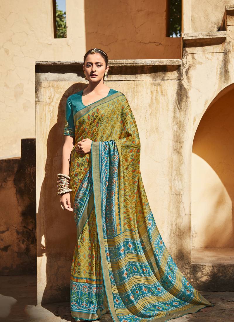 Olive printed brasso saree with blouse