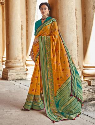 Mustard printed brasso saree with blouse 1