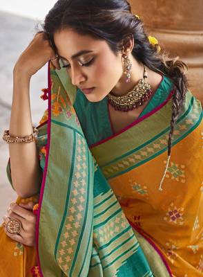 Mustard printed brasso saree with blouse 2