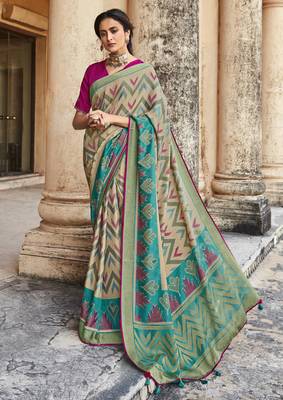 Chiku printed brasso saree with blouse 1