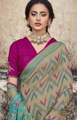 Chiku printed brasso saree with blouse 2