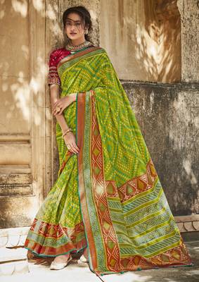 Parrot green printed brasso saree with blouse 1