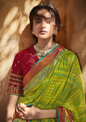 Parrot green printed brasso saree with blouse 2
