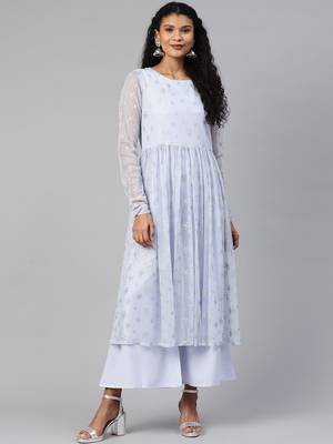 Ahalyaa Women Blue & Silver Printed A-Line Kurta with Palazzos 1