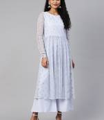 Ahalyaa Women Blue & Silver Printed A-Line Kurta with Palazzos