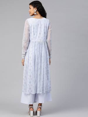 Ahalyaa Women Blue & Silver Printed A-Line Kurta with Palazzos 2