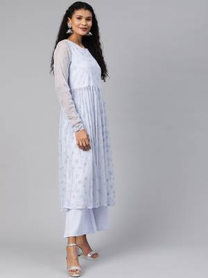 Ahalyaa Women Blue & Silver Printed A-Line Kurta with Palazzos 3