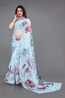 Turquoise Printed Organza Saree With Blouse
