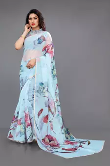 Turquoise Printed Organza Saree With Blouse