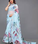 Turquoise Printed Organza Saree With Blouse