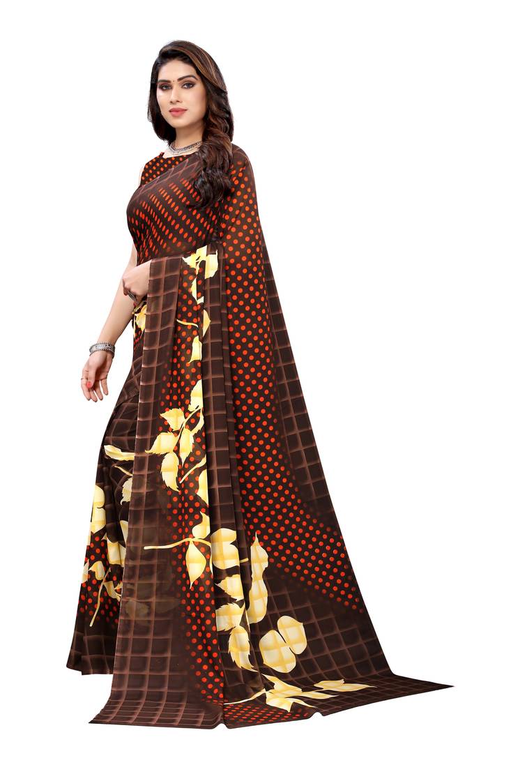 Brown Printed Georgette Saree With Blouse