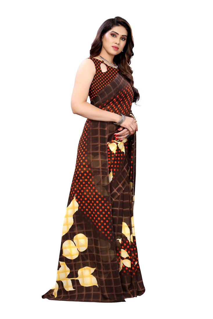 Brown Printed Georgette Saree With Blouse