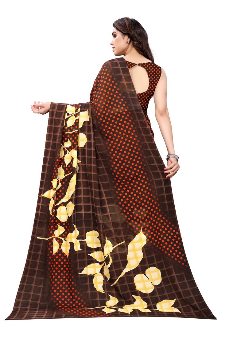 Brown Printed Georgette Saree With Blouse
