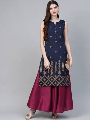 Ahalyaa Women Navy Blue & Magenta Ethnic silid Maxi Dress + printed kurta 1