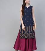 Ahalyaa Women Navy Blue & Magenta Ethnic silid Maxi Dress + printed kurta