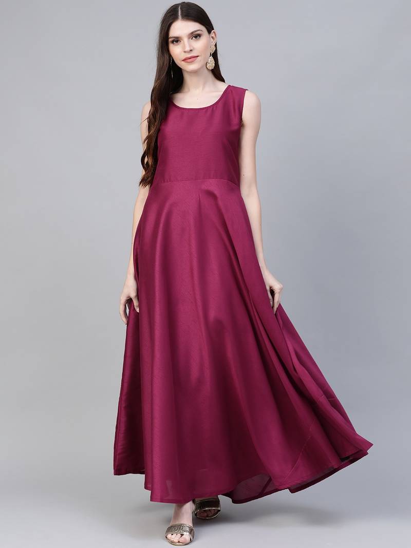 Ahalyaa Women Navy Blue & Magenta Ethnic silid Maxi Dress + printed kurta