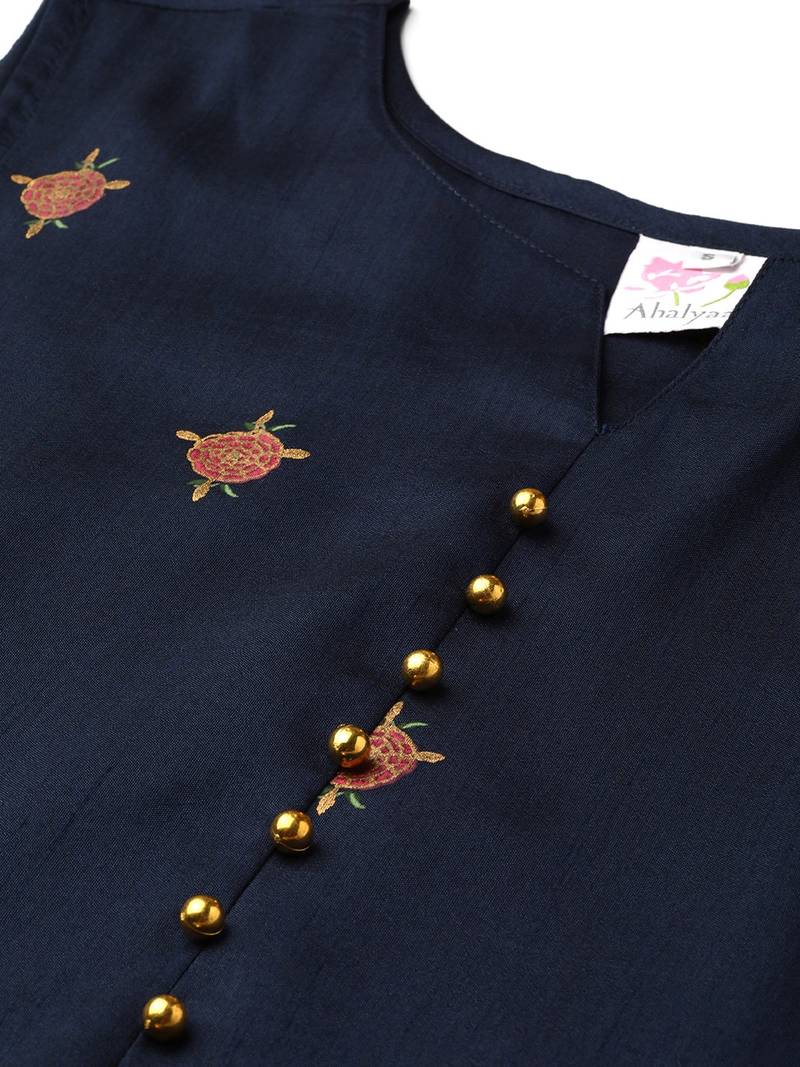 Ahalyaa Women Navy Blue & Magenta Ethnic silid Maxi Dress + printed kurta