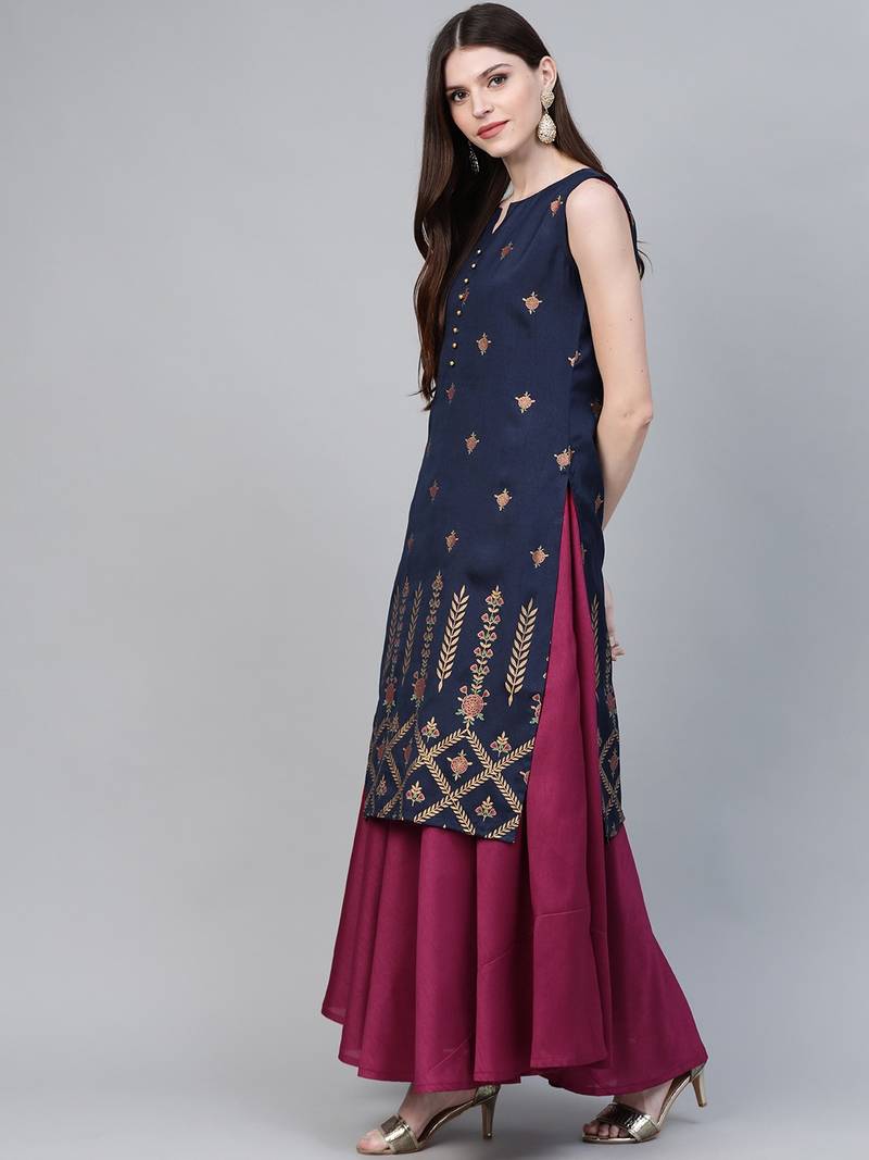 Ahalyaa Women Navy Blue & Magenta Ethnic silid Maxi Dress + printed kurta