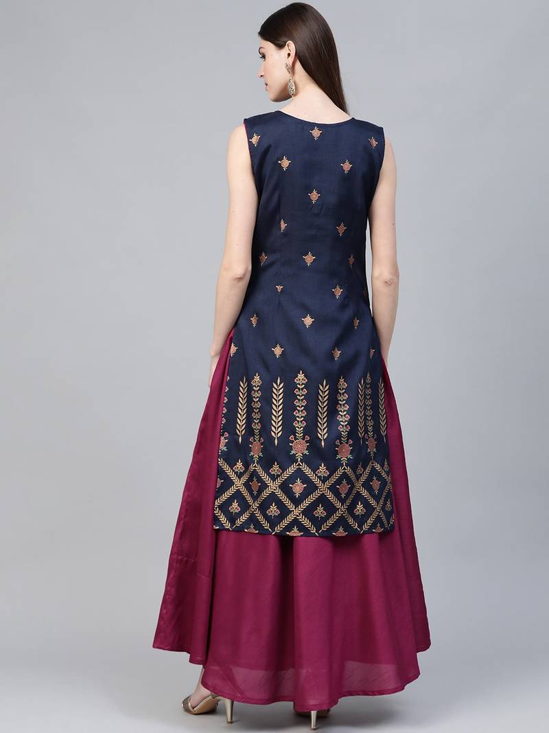 Ahalyaa Women Navy Blue & Magenta Ethnic silid Maxi Dress + printed kurta