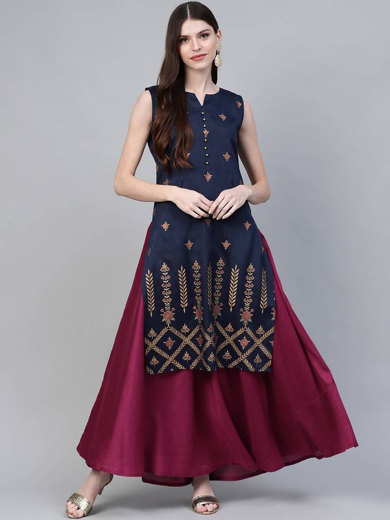 Ahalyaa Women Navy Blue & Magenta Ethnic silid Maxi Dress + printed kurta