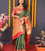 Green Faux Kanchipuram Handloom Weaving Woven Silk Blend Saree