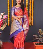 Red Faux Kanchipuram Handloom Weaving WOVEN SILK BLEND Saree