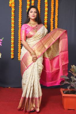 Crem Faux Kanchipuram Handloom Weaving WOVEN SILK BLEND Saree 1