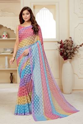 Multicolor printed net saree with blouse 2