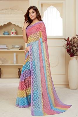 Multicolor printed net saree with blouse 3