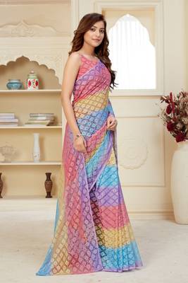 Multicolor printed net saree with blouse 4