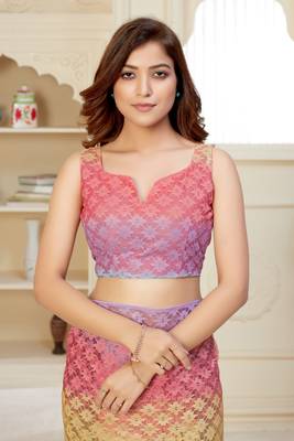 Multicolor printed net saree with blouse 5