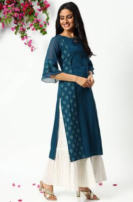 Teal printed crepe kurtas-and-kurtis 3
