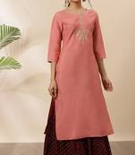 Peach embroidered silk kurtas-and-kurtis