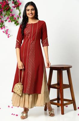 Maroon printed crepe kurtas-and-kurtis 1
