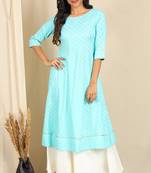 Turquoise printed rayon kurtas-and-kurtis