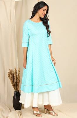 Turquoise printed rayon kurtas-and-kurtis 3