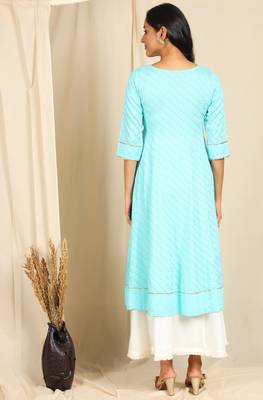 Turquoise printed rayon kurtas-and-kurtis 4