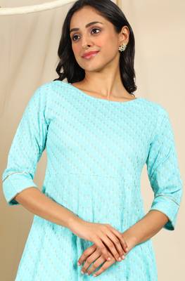 Turquoise printed rayon kurtas-and-kurtis 5