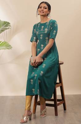 Teal printed crepe kurtas-and-kurtis 1